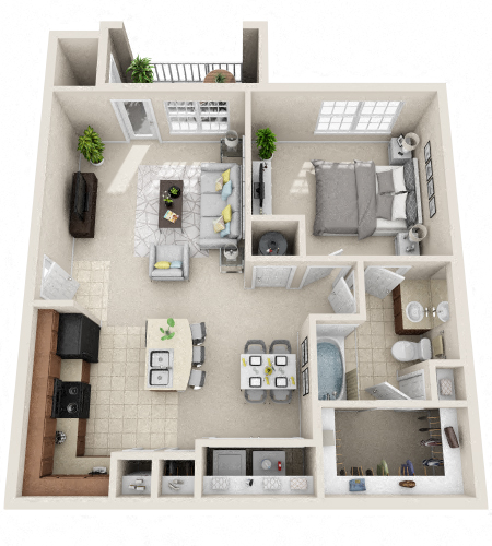 Floor plan for 1 bed, 1 bath, 784 sqft